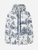 Woman hooded down padded jacket with toile de jouy print