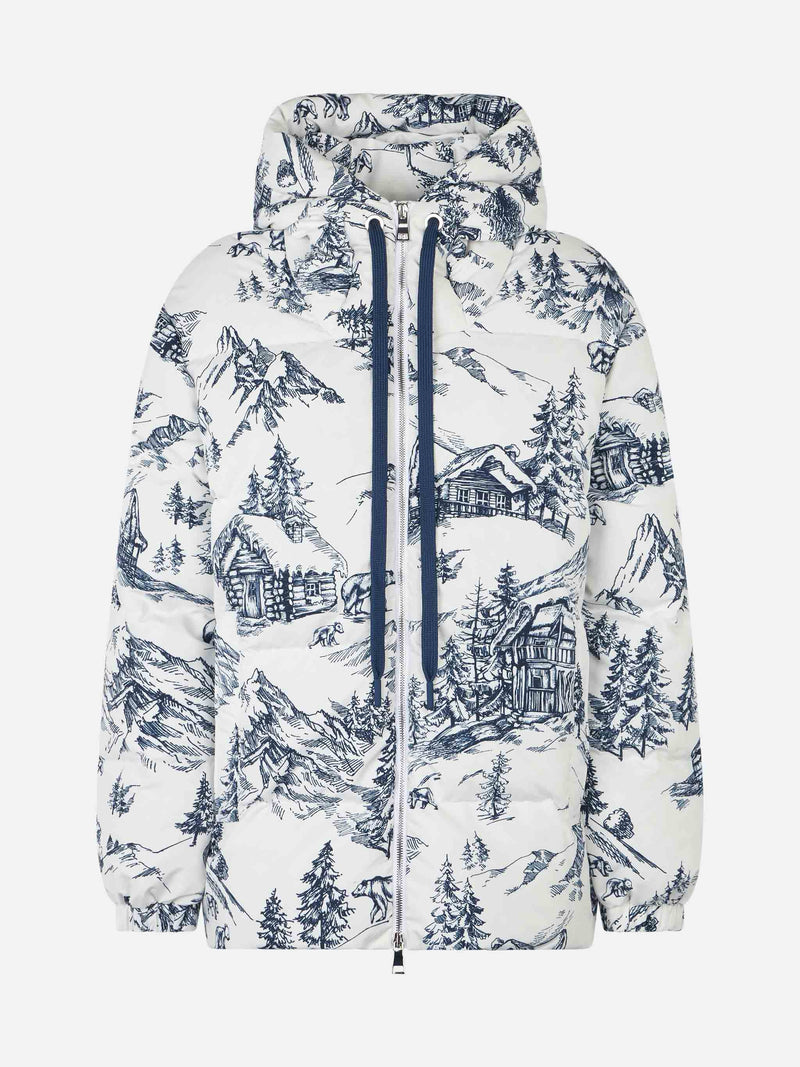 Woman hooded down padded jacket with toile de jouy print