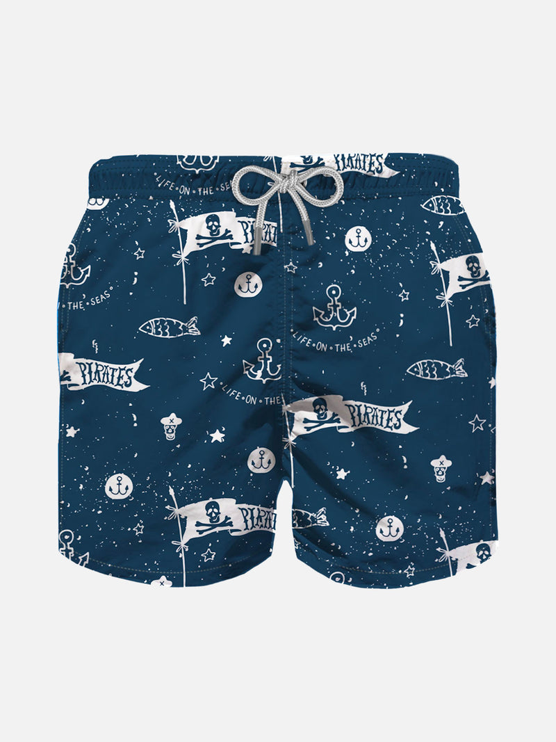 Boy light fabric swim shorts with pirates print