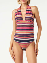Multicolor striped violet knitted pattern one piece
