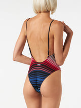 Woman one piece swimsuit with stripes