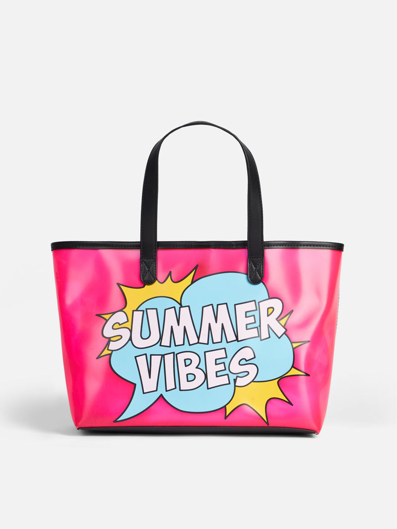 Rosa transparente PVC-Strandtasche mit Summer Vibes-Aufdruck