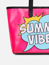 Pink transparent pvc beach bag with Summer Vibes print