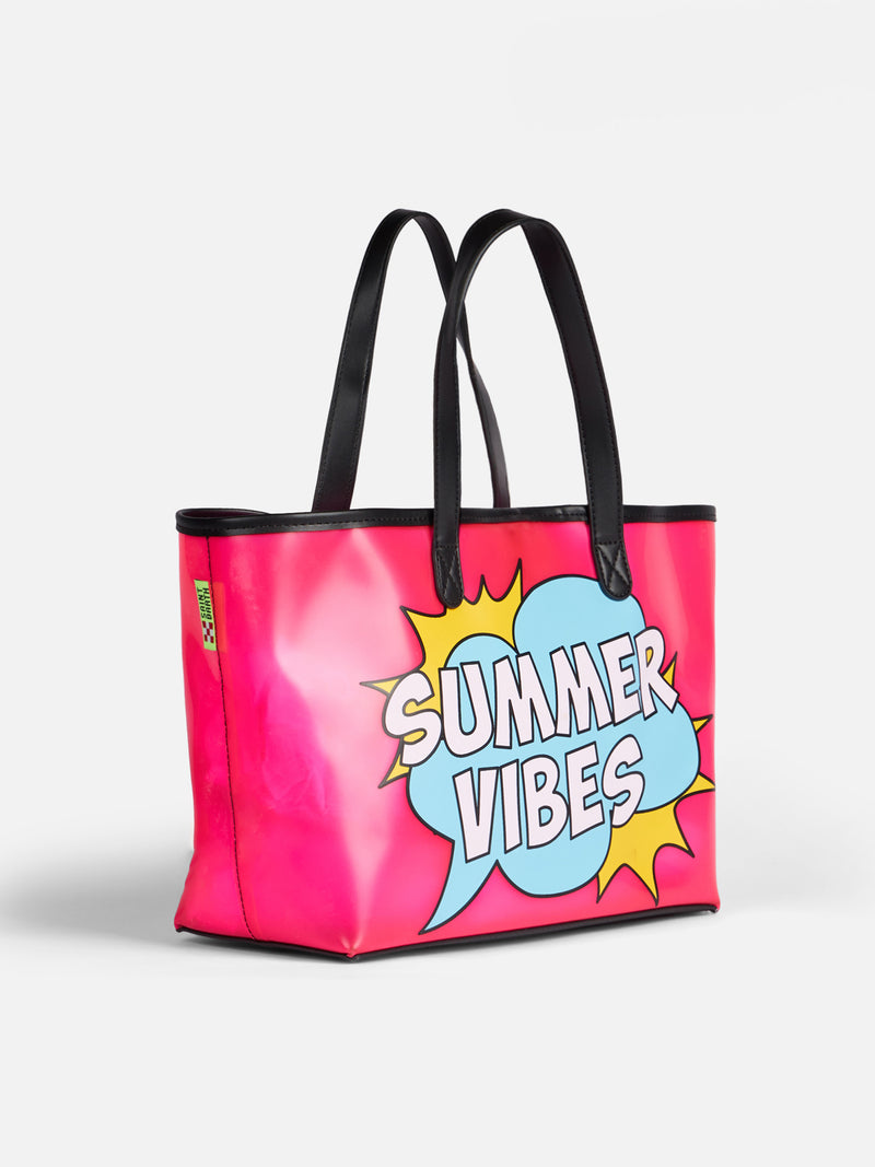 Rosa transparente PVC-Strandtasche mit Summer Vibes-Aufdruck