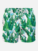 Tropical leaf print mid-length swim shorts