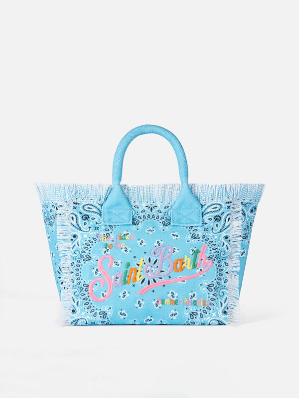 Colette light blue cotton canvas handbag with bandanna print
