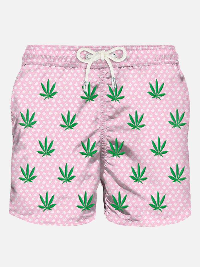 Man light fabric swim shorts with leaves embroidery