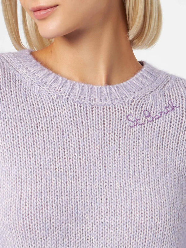 Woman crewneck lilac soft sweater with St. Barth embroidery