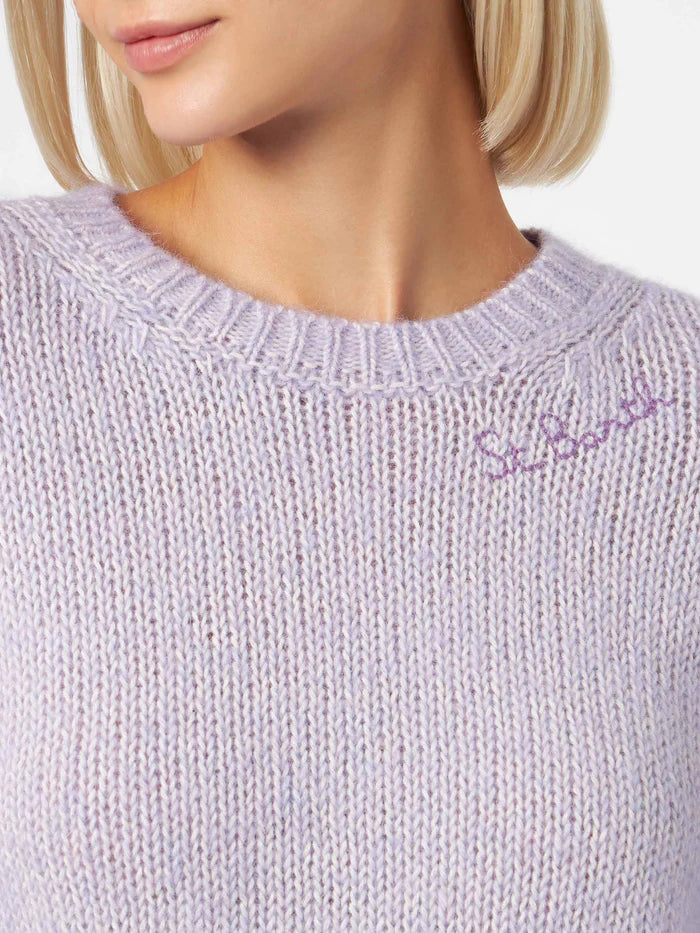 Woman crewneck lilac soft sweater with St. Barth embroidery