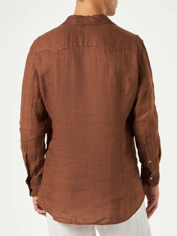 Camicia da uomo in lino marrone