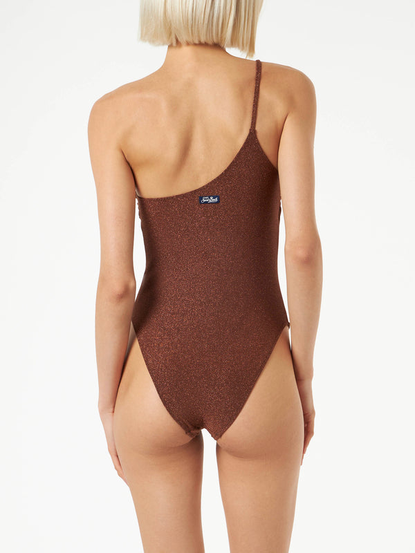 Einteiliger Damen-Badeanzug aus braunem Lurex mit einer Schulter