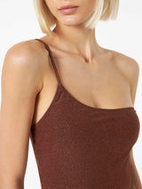 Woman brown lurex one shoulder one-piece swimsuit