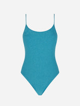 Hellblauer, einteiliger Badeanzug aus Lurex
