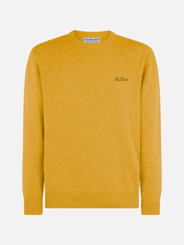Man crewneck ochre yellow sweater with St. Barth embroidery