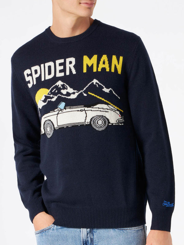 Man navy blue sweater with car print