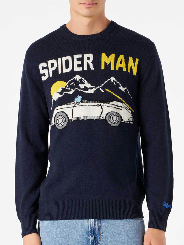 Man navy blue sweater with car print