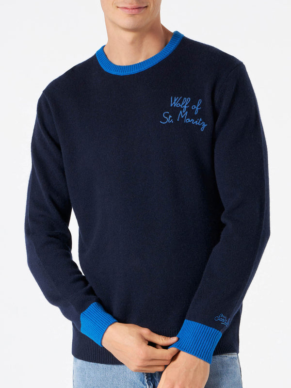 Man navy blue sweater with Wolf of St. Moritz embroidery