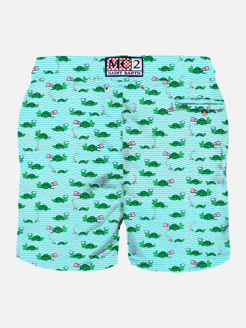 Man light fabric swim shorts with swimmer turtle print