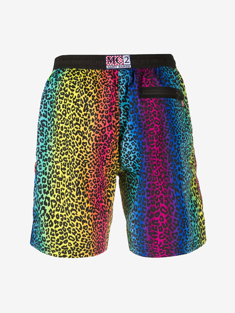 Animalier rainbow print light fabric zipped swim shorts