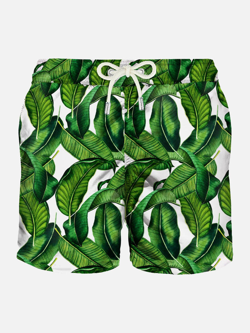 Banana leaves print mid-length swim shorts