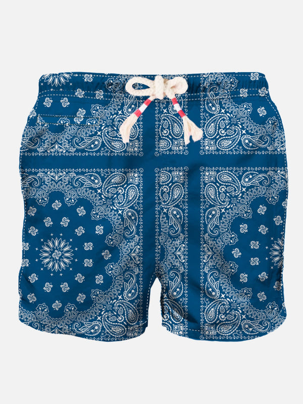 Man swim shorts with blue bandanna print