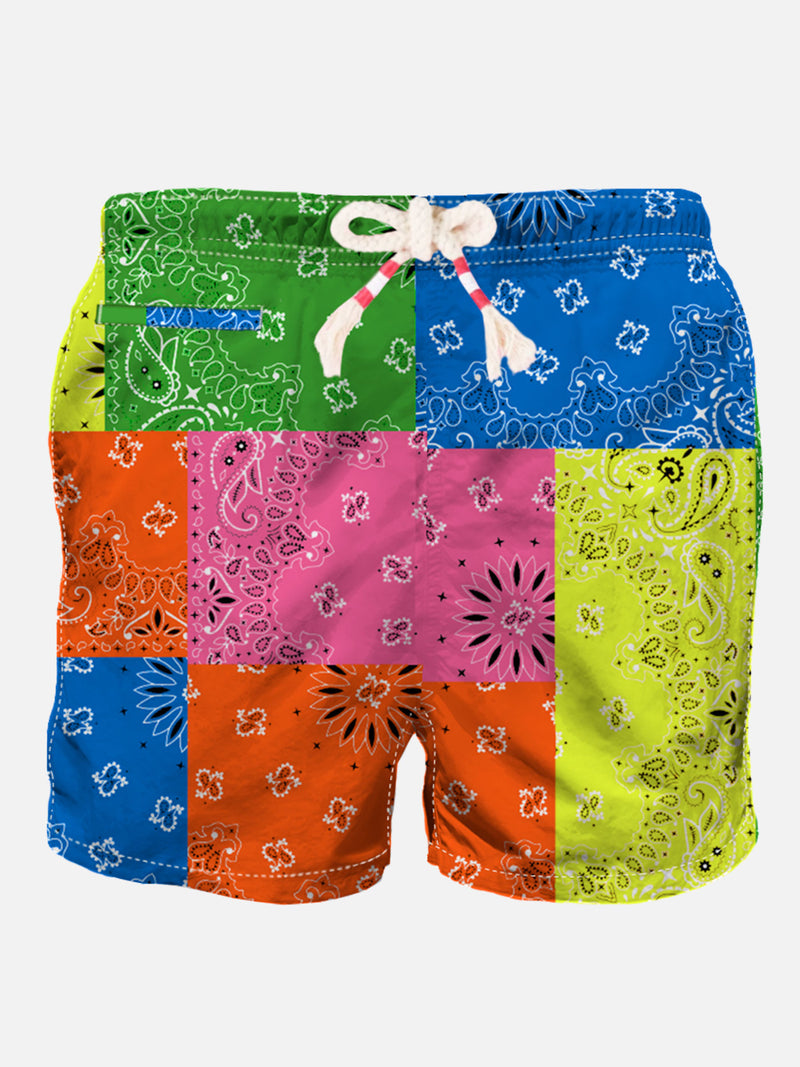 Man swim shorts with bandanna multicolor print