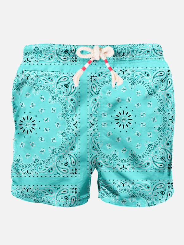 Man swim shorts with water green bandanna print