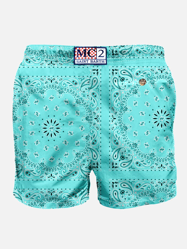 Man swim shorts with water green bandanna print