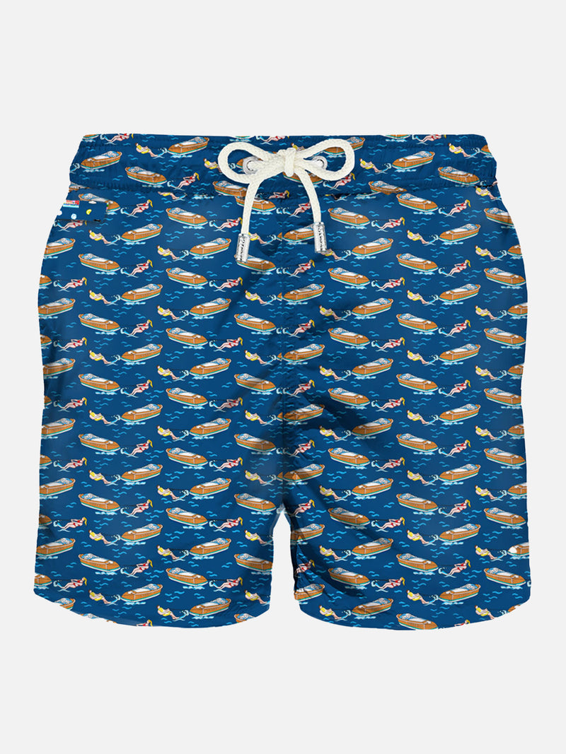 Light fabric swim shorts with boats print