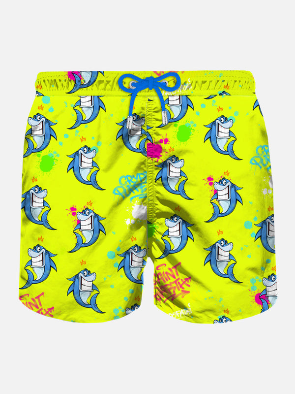 Man light fabric swim shorts with sharks print | CRYPTO PUPPETS® SPECIAL EDITION