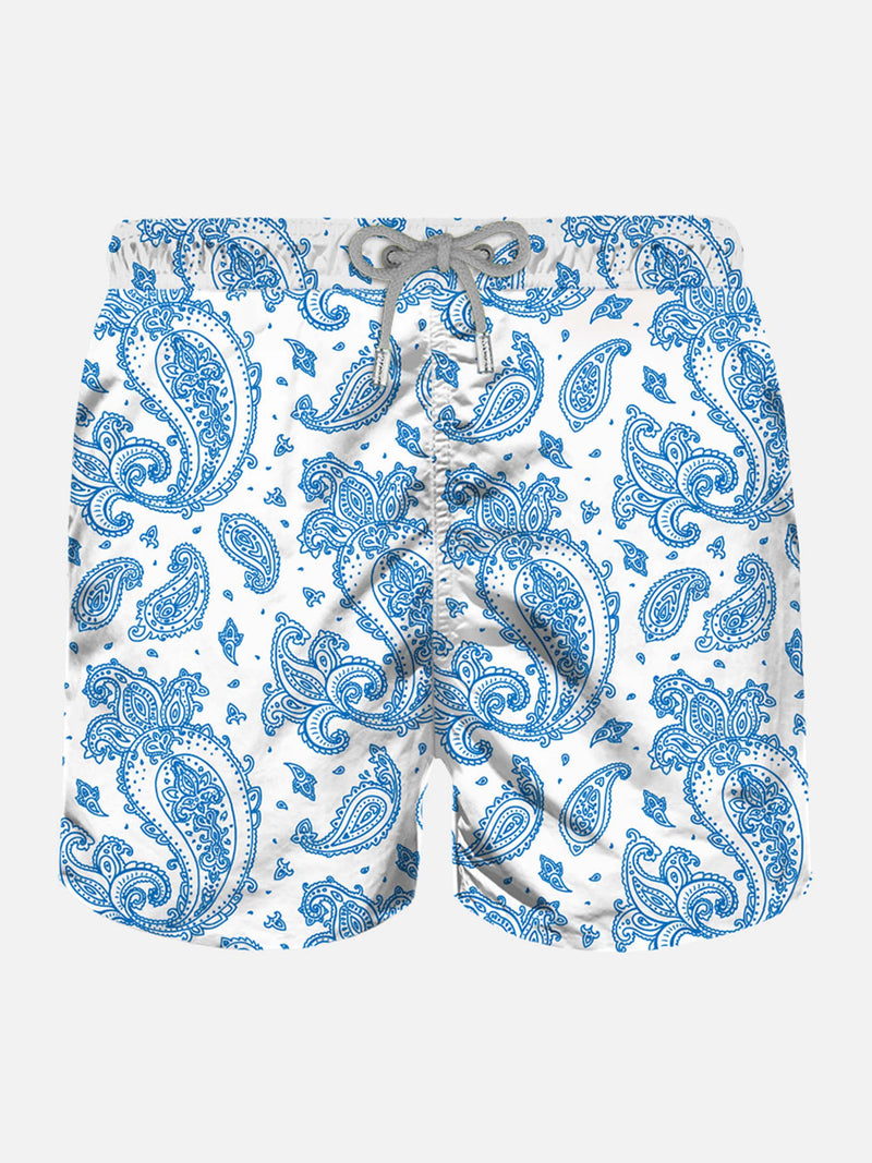 Man light fabric swim shorts with light blue paisley print
