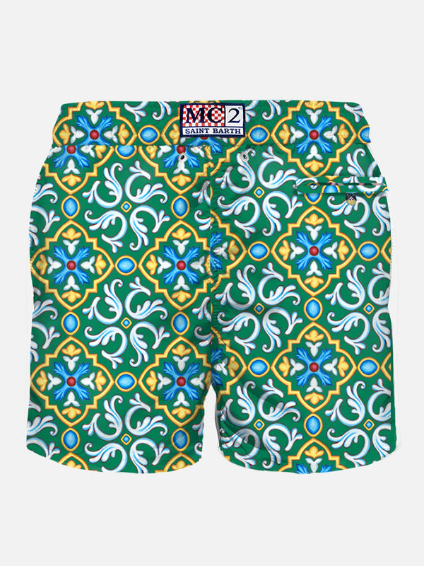 Man light fabric swim shorts with majolica print