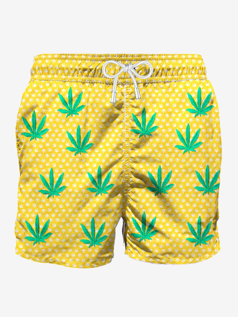 Embroidered leaves mid-length swim short