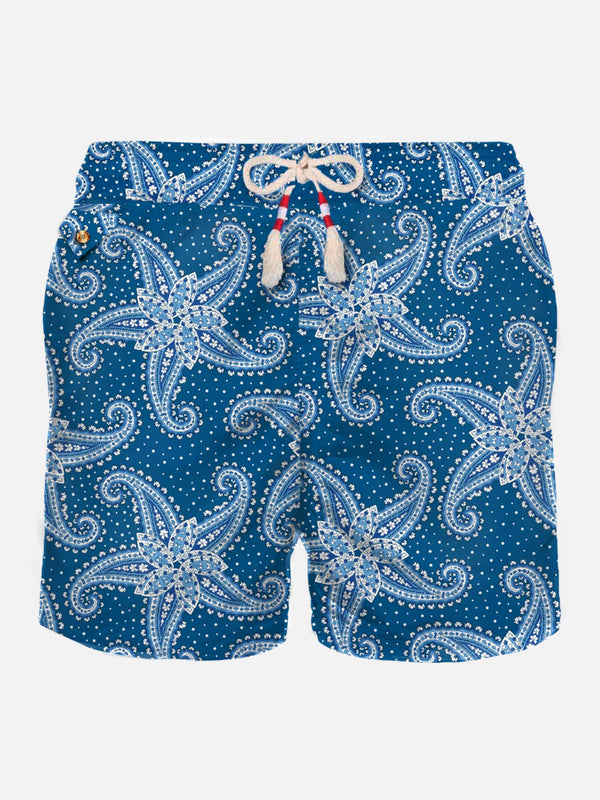 Man light fabric swim shorts with blue paisley print