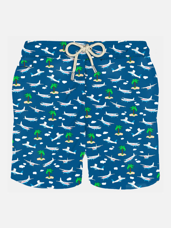 Man light fabric swim shorts with plane and island print