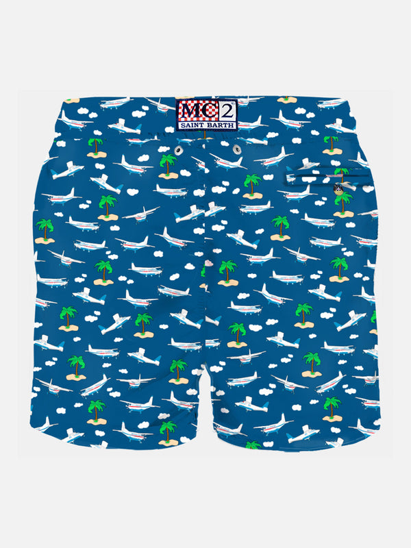 Man light fabric swim shorts with plane and island print