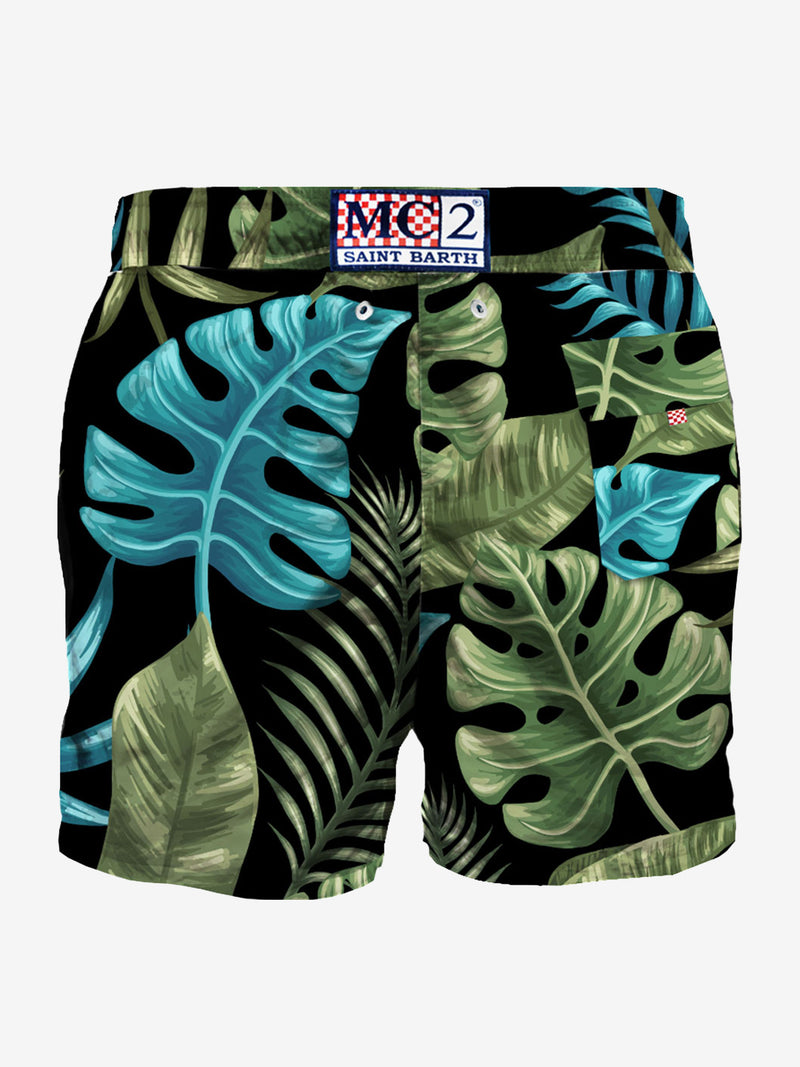 Multicolor tropical leaves print mid-length swim shorts