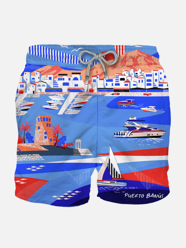 Man swim shorts with Puerto Banus print