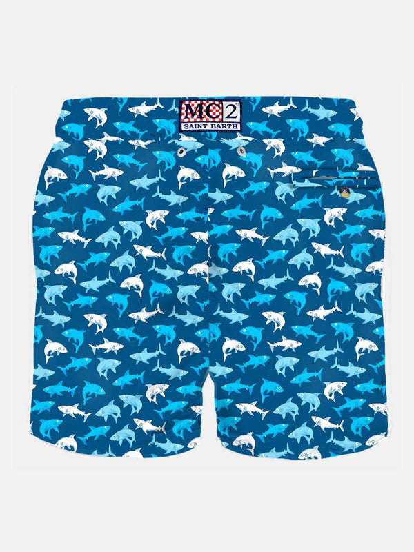 Man light fabric swim shorts with multicolor sharks print
