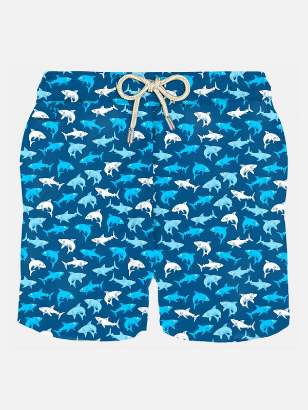 Man light fabric swim shorts with multicolor sharks print