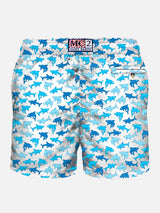 Man light fabric swim shorts with sharks print