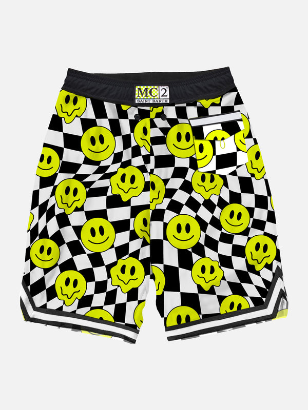 Checked swim shorts surf style with smiles print