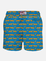 Man light fabric swim shorts with wild cat print