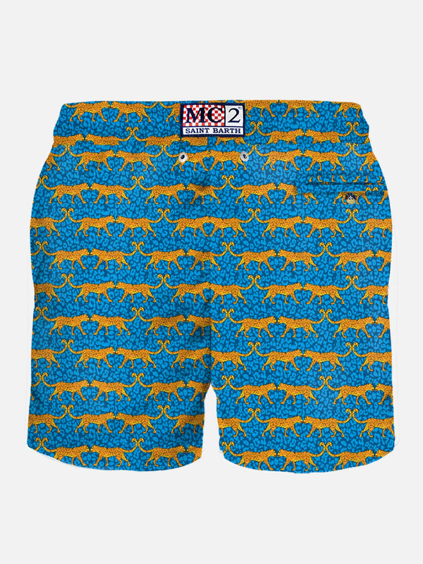 Man light fabric swim shorts with wild cat print