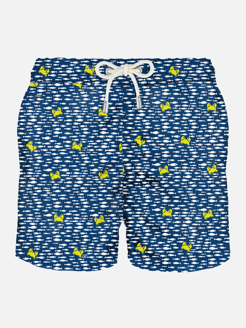 Man light fabric swim shorts with fish & crab print