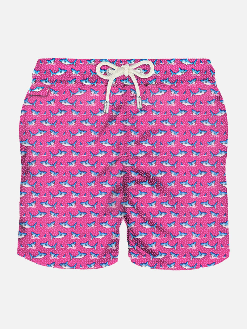 Man light fabric swim shorts with shark