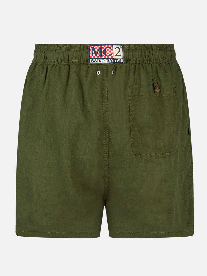 Man military green linen swim shorts