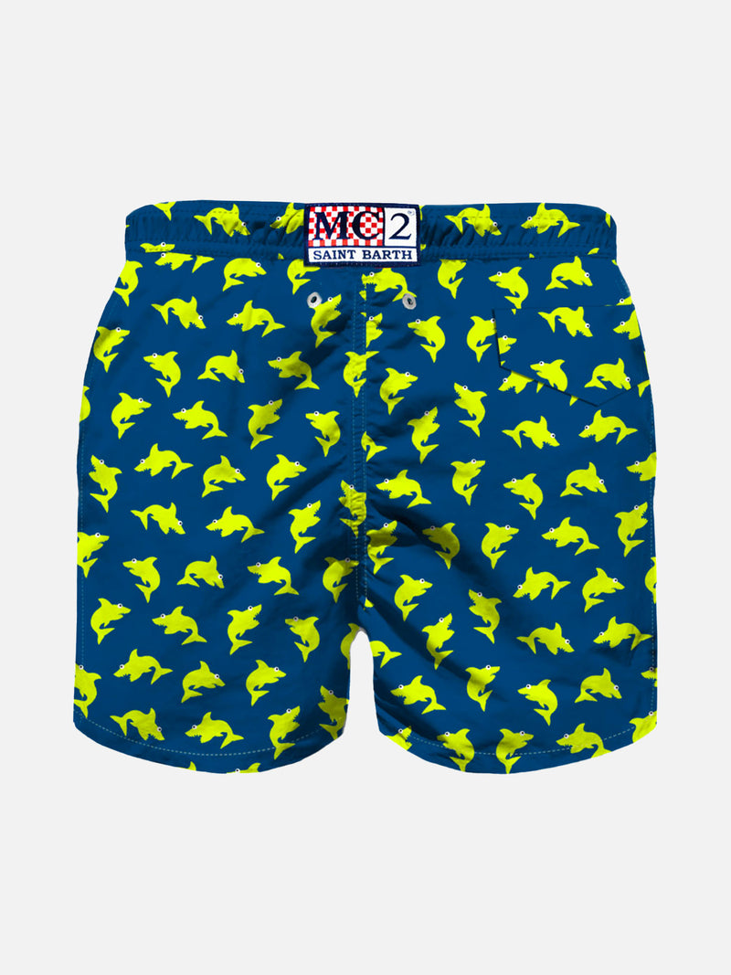 Boy light fabric swim shorts with fluo sharks print