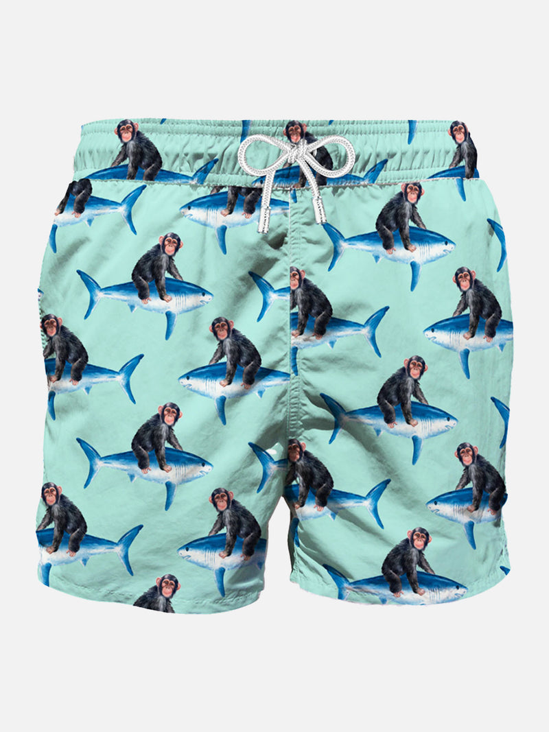 Monkey riding mid-length swim shorts