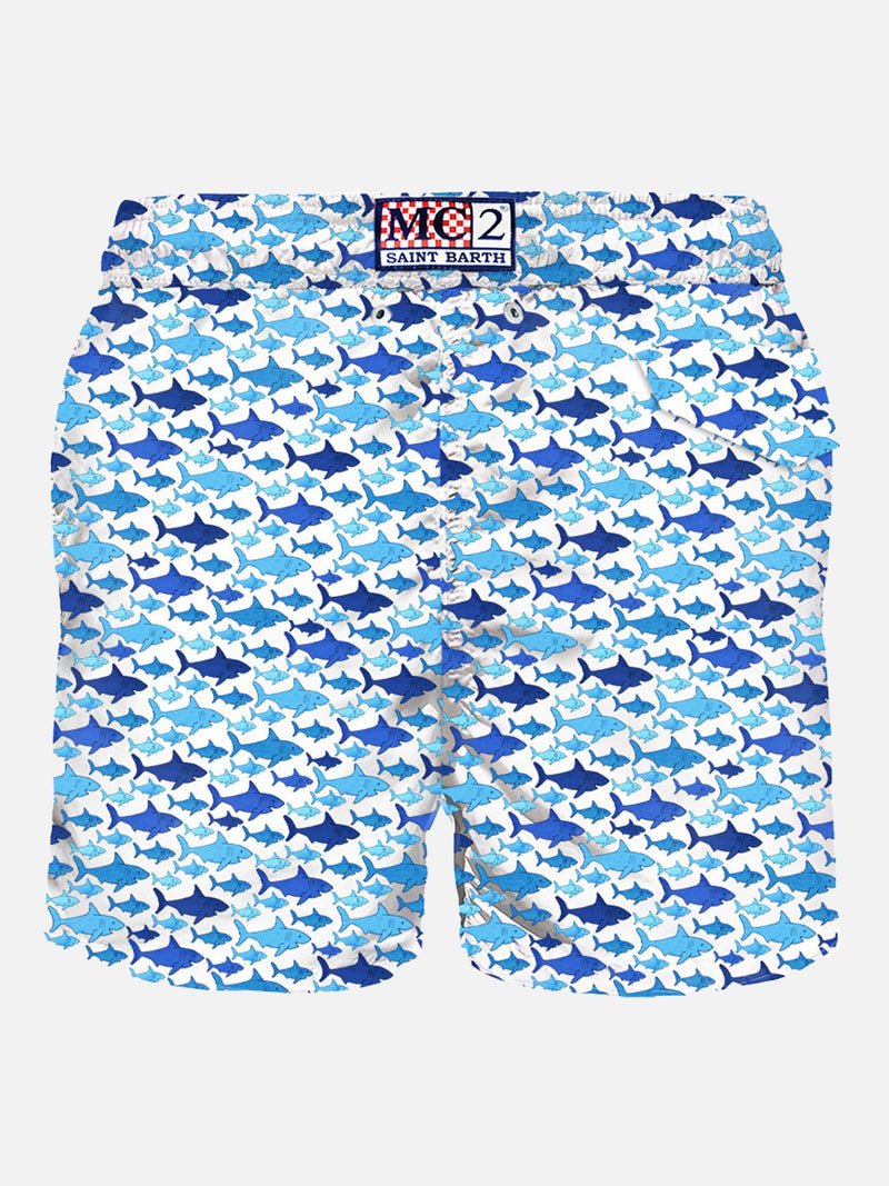 Man light fabric swim shorts with shark print